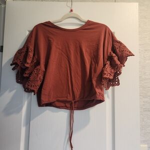 Express Women's Eyelet Ruffle Sleeve Blouse in Rust Size M Euc